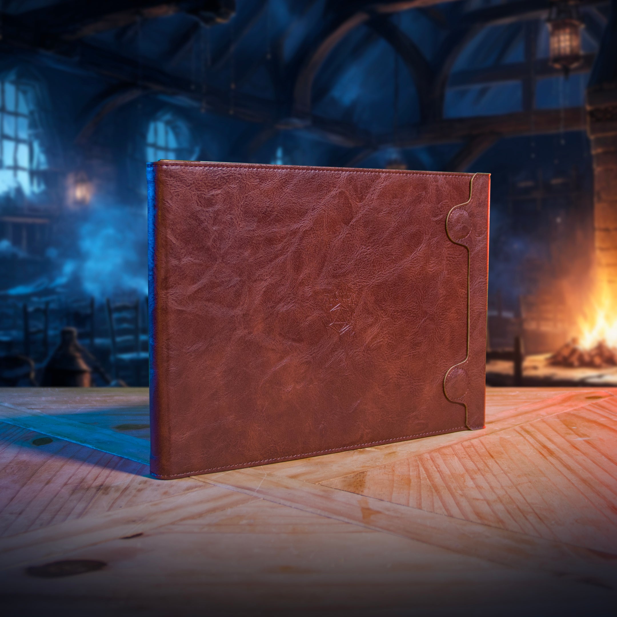 This is an environmental image of the Brown Landscape version of the Ultimate Game Master Screen displayed on a table.