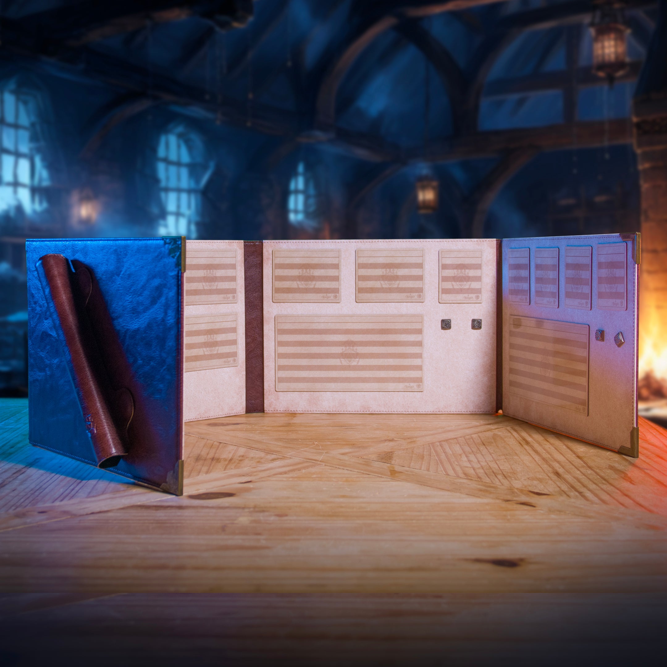 This is an environmental image of the Landscape version of the Ultimate Game Master Screen deployed with all contents in use.