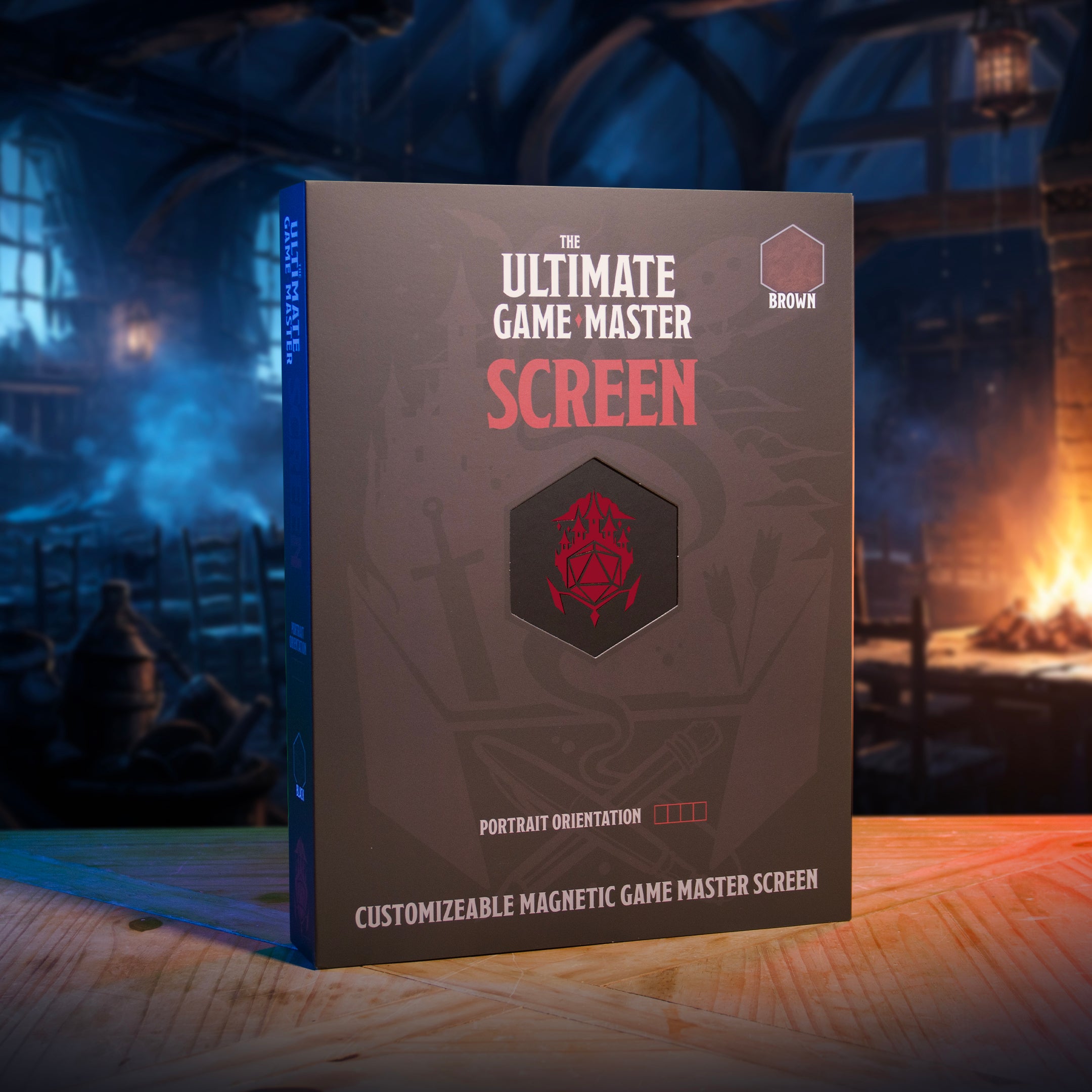 This is an environmental image of the Portrait version of the Ultimate Game Master Screen in retail packaging displayed on a table.