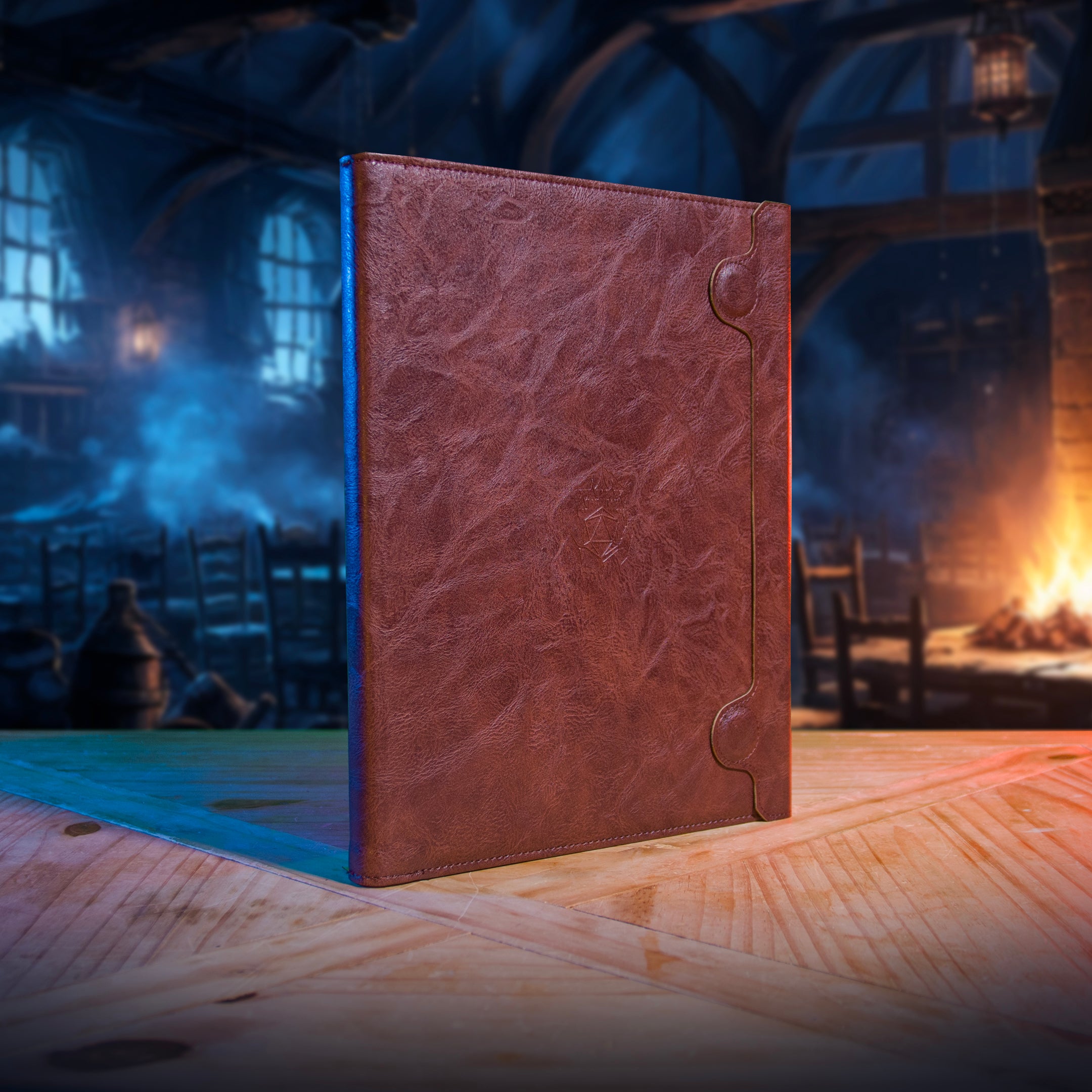 This is an environmental photo of the Brown Portrait version of the Ultimate Game Master Screen displayed on a table.