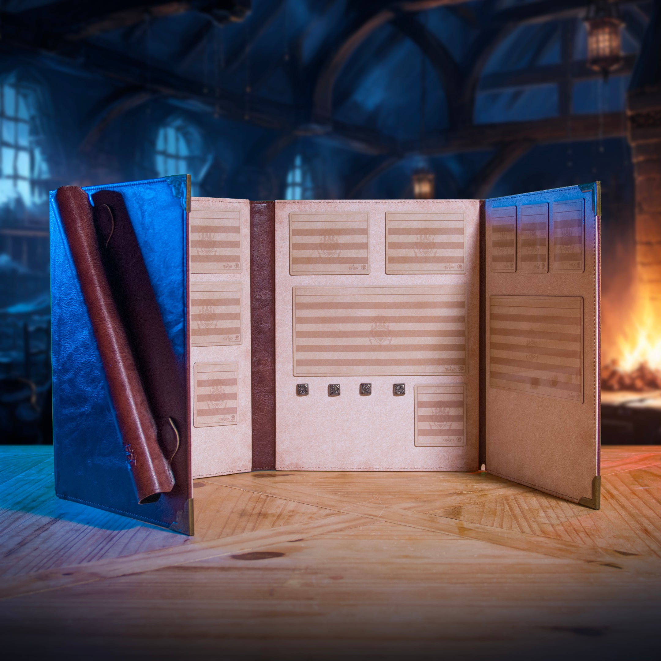 This is an environmental photo of the Brown Portrait version of the Ultimate Game Master Screen. It shows all contents in use; displayed on a table.