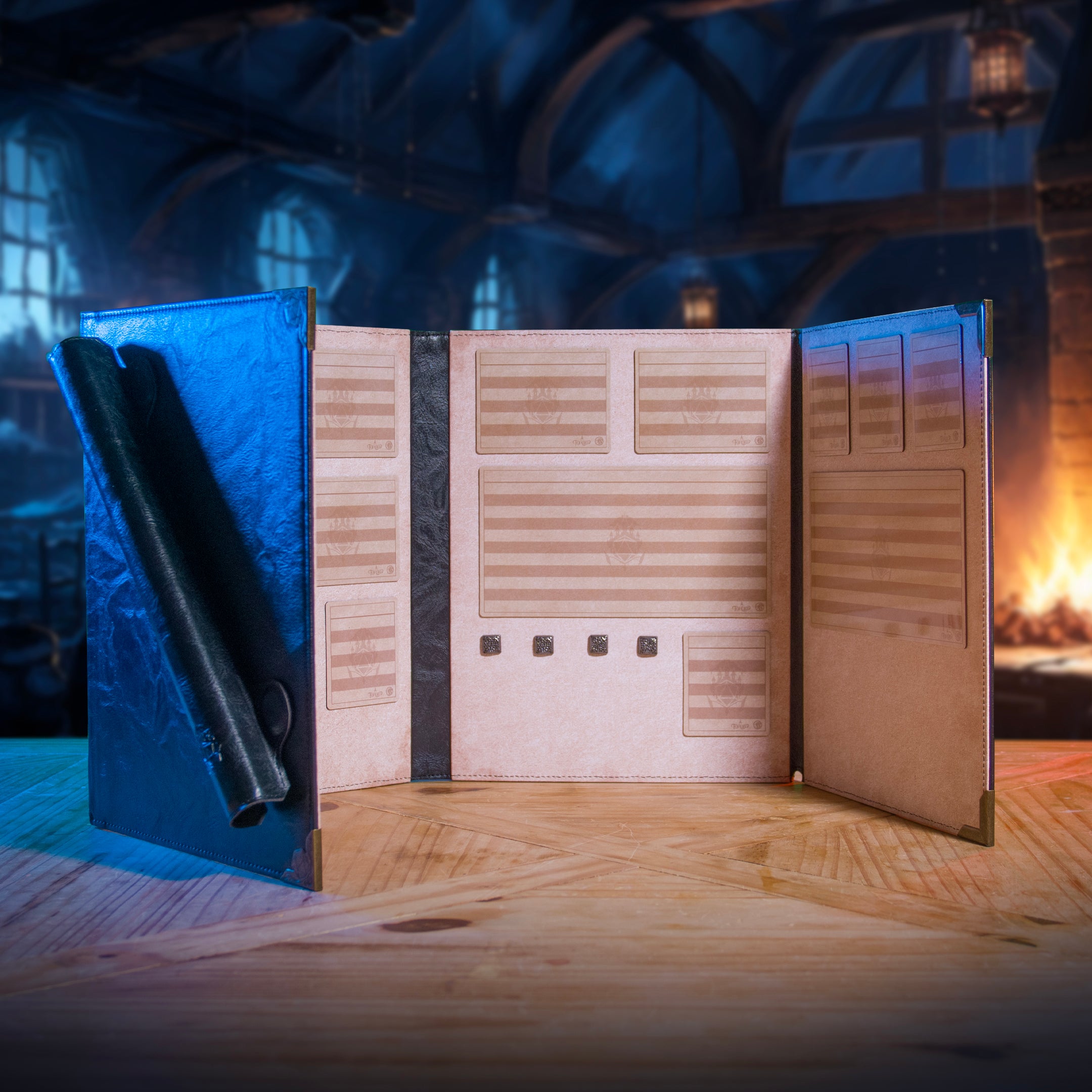 This is an environmental photo of the Black Portrait version of the Ultimate Game Master Screen. It shows all contents in use; displayed on a table.