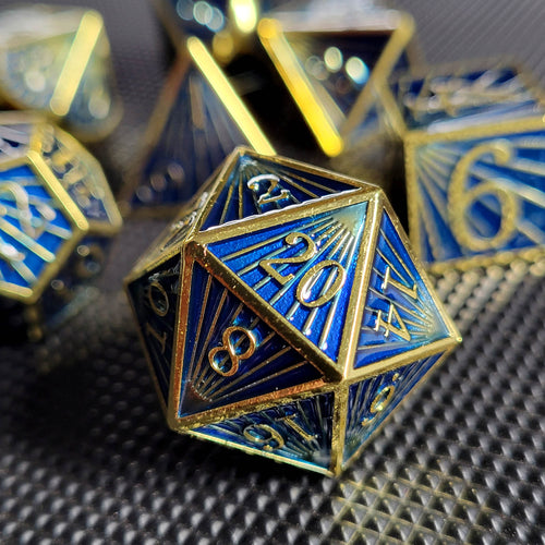 Deco Blue Gold Metal RPG Dice Set of 7