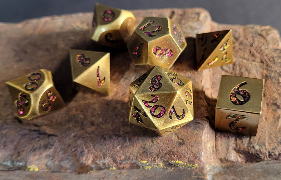 Forged Lore Antique Gold with Red Mica 7-Piece Metal Dice Set