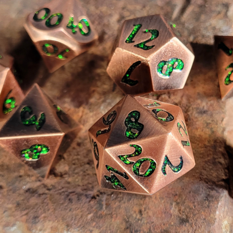 Forged Lore Antique Copper with Green Mica 7-Piece Metal Dice Set