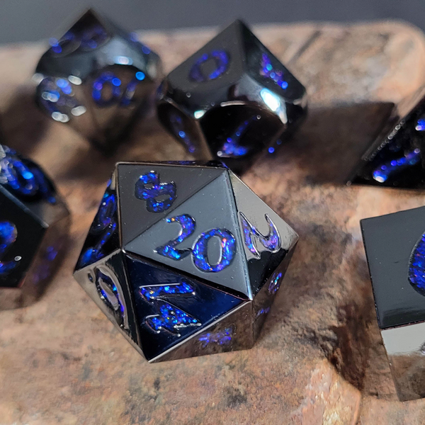 Lore Gunmetal with Blue Mica 7Piece Metal Dice Set Gaming