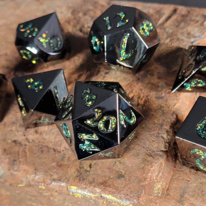 Forged Lore Gunmetal with Green Mica 7-Piece Metal Dice Set