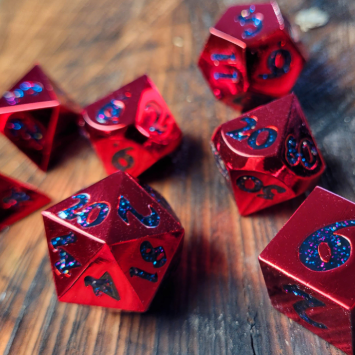 Forged Lore Polished Red with Starry Mica 7-Piece Metal Dice Set