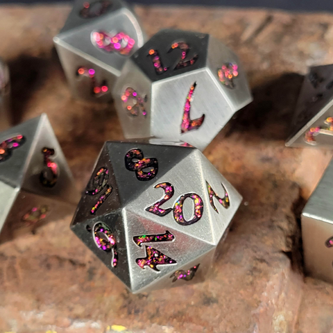 Forged Lore Antique Silver with Red Mica 7-Piece Metal Dice Set