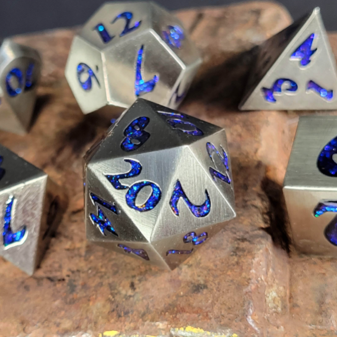 Forged Lore Antique Silver with Blue Mica 7-Piece Metal Dice Set